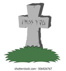 A gray cross-shaped gravestone with grass - with "I MISS YOU" text