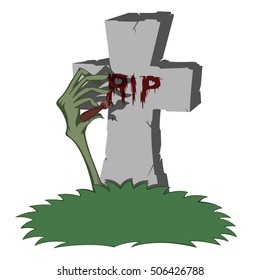 A gray cross-shaped gravestone with grass - scary zombie hand paints "RIP" with blood