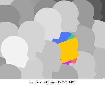 Gray crowd people head with one outstanding colorful, Mental health, illness ,brain development ,medical treatment  concept, vector illustration 