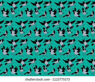Gray crows in crowns birds sky seamless pattern