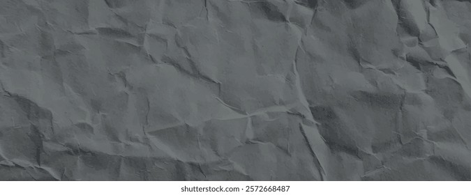 Gray crumpled paper background with a textured, wrinkled style. The gray background adds a rustic, artistic feel. Paper texture background vector. Gray background.