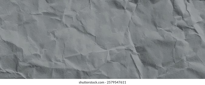 Gray crumpled paper background, textured with wrinkles. The background is gray, adding a rustic, artistic feel. Paper texture background vector. Gray background.