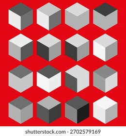 Gray cube shapes. Abstract geometric blocks. Bright red background. Vector three dimension pattern.