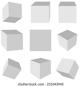 Gray cubes on a white background in different planes