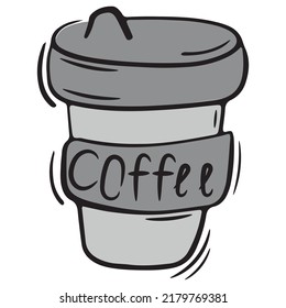 a gray cup of coffee to take with you during a work break, vector isolated element in doodle style, white background, colored business doodles, black outline