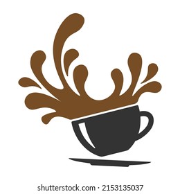 gray cup and saucer icon of coffee with splashes in brown color. Vector illustration