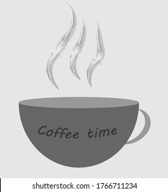Gray cup with steam. Coffee time.