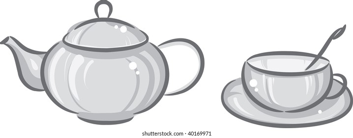Gray cup and teapot isolated on white