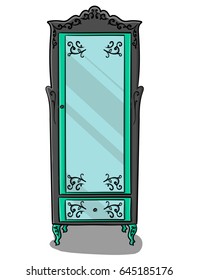 A gray cupboard with turquoise details and a mirror in two doors eps 10 illustration