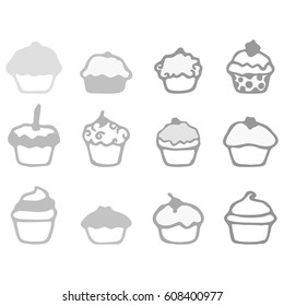 gray cupcake icons in flat design style vector