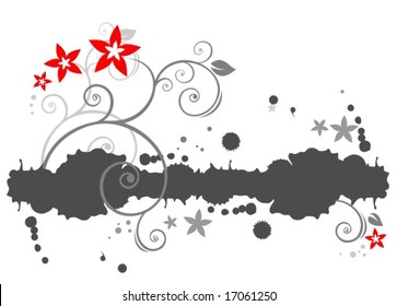 Gray curves and red flowers on a grunge white background.