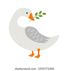 A gray, cute goose with a twig in its beak on white background