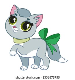 Gray cute little cat with a bow on the tail. On a white background. Vector illustration in cartoon style.