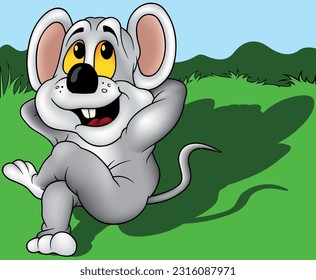 Gray Cute Mouse Resting on the Ground - Colored Cartoon Illustration with Background, Vector