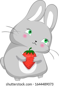 gray cute rabbit in his paws holds strawberries