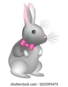 A gray cute rabbit with a pink ribbon around his neck. The symbol of Easter in the culture of many countries. Vector illustration.