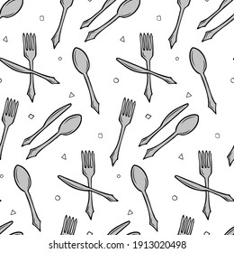 Gray cutlery, metal crossed. Spoons and forks with knives are scattered around. With geometric shapes. Seamless repeating pattern of colored isolated objects on a white background. Doodle.