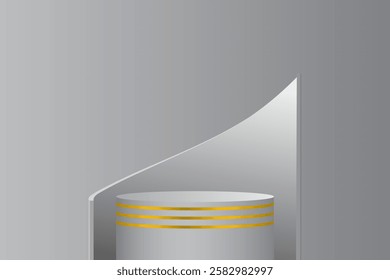 A gray cylindrical podium with gold stripe accents, set against a curved reflective wall, creates a futuristic and elegant look in a minimalist design.