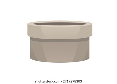 Pozo cilíndrico gris con borde blanco. Estructura simple de piedra redondeada para el almacenamiento de agua. Elemento de arquitectura minimalista moderna para ilustraciones de pueblo. Ilustración vectorial aislada en blanco