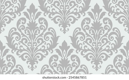 Gray damask floral pattern with detailed ornamental swirls on a light background. Damask seamless pattern.