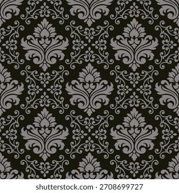 Modelo inconsútil floral gris del damasco en el fondo negro, un modelo floral gris refinado del damasco diseñado como estilo inconsútil floral elegante del damasco para el Fondo de pantalla lujoso y la decoración textil