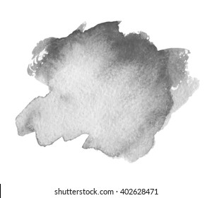 Gray dark watercolor hand drawn stroke isolated paper texture stain on white background. Water wet brush paint abstract artistic black element for design, scrapbook, decoration, cover, template, web