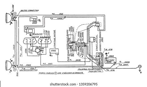Gray and Davis starting and lighting installation on the Chandler 1917 light weight six, vintage line drawing or engraving illustration.