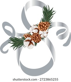 Cinta decorativa gris doblada en una figura ocho con flores de algodón y conos en el medio del número, para el diseño de postales, Anuncios, carteles