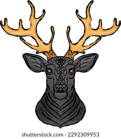 gray deer with golden antlers, torn black outline