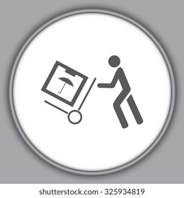 Gray Delivery man pushing a cargo hand truck, vector icon