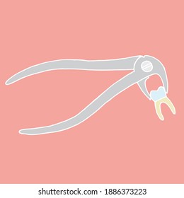 Gray dental forceps for the lower jaw isolated on a pink background, in the forceps is a removed tooth.
