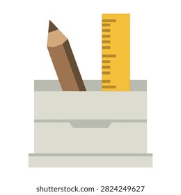 A gray desk organizer box containing a brown pencil and yellow ruler on white