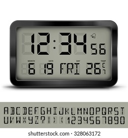 Gray Digital Clock And Weather Station With Additional LCD Font, Vector Eps10 Illustration