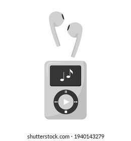 Reproductor de música digital gris y auriculares inalámbricos. Dispositivo electrónico para escuchar música, libros, radio, podcasts. Un elemento de diseño. Ilustración vectorial de color plano. Aislado sobre un fondo blanco.