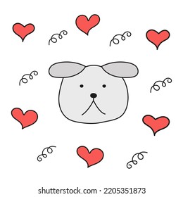 Gray dog with hearts in style of doodles. Vector isolated image for use in design of children's print or website themes