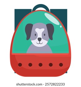 Gray dog with white snout sitting in a red and green pet carrier, looking out of the transparent plastic dome