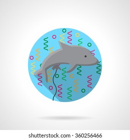 Gray dolphin balloon and serpentine. Summer party, children celebration, aquatic park accessory, decor. Colorful round flat vector icon with long shadow. Element for web design, business, mobile app.