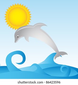 gray dolphin with sea and sun over sky background. vector