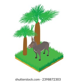 Gray donkey icon isometric vector. Big donkey animal standing in green grass. Fauna, zoo dweller