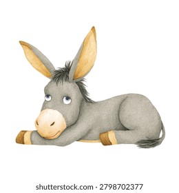 A gray donkey lying down with big ears