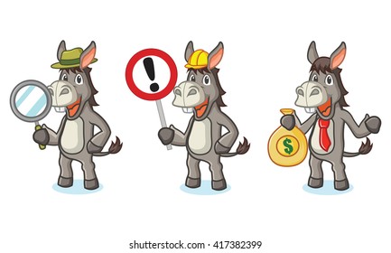 Gray Donkey Mascot with money, sign and magnifying