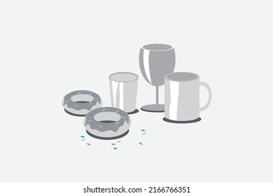 Gray donuts and mugs. Multiple designs. Isolated on gray background. Vector illustration in flat style. Concept of gray and blue tones.