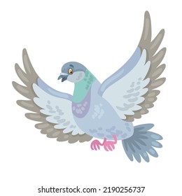 Gray dove is flying. In cartoon style. Isolated on white background. Vector flat illustration.