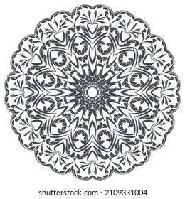 Graue Zeichnung einer Mandala auf weißem Hintergrund.