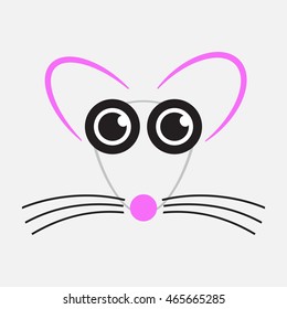 gray drawing mouse with black eyes, whiskers and pink nose, ears