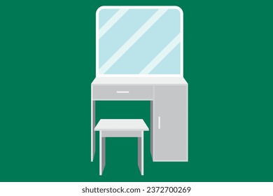 gray dressing table with mirror and chair