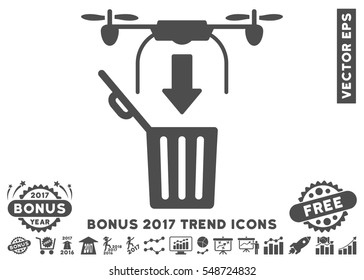 Gray Drone Drop Trash pictogram with bonus 2017 year trend images. Vector illustration style is flat iconic symbols, white background.