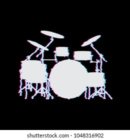 Gray drum kit silhouette with glitch effect isolated on black background