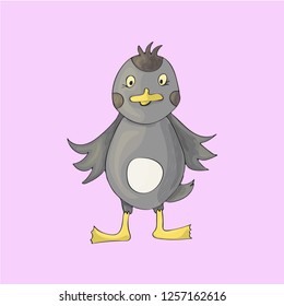 Gray duck cartoon character. Isolated on violet background.