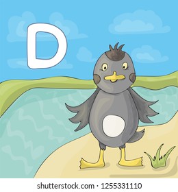 Gray duck on the river bank. Children's illustrated alphabet. Letter D.